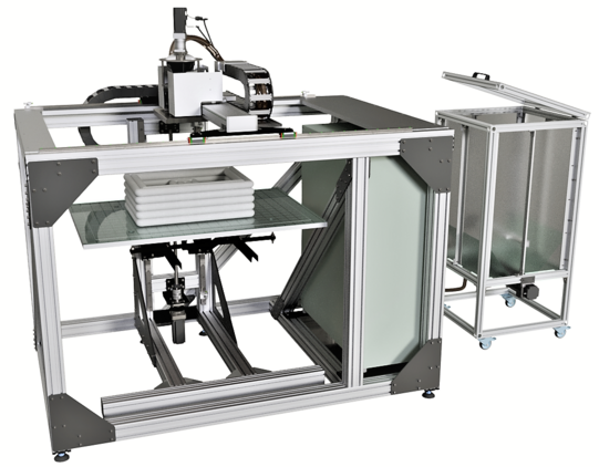 Druckerkinematik (links) und Materialspeicher/-fördereinheit (rechts) für den Bioschaumdruckprozess
